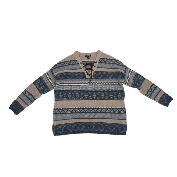 CHAPS Brown Blue Striped Long Sleeve V-Neck Sweater Size Medium Women’s - Picture 1 of 5